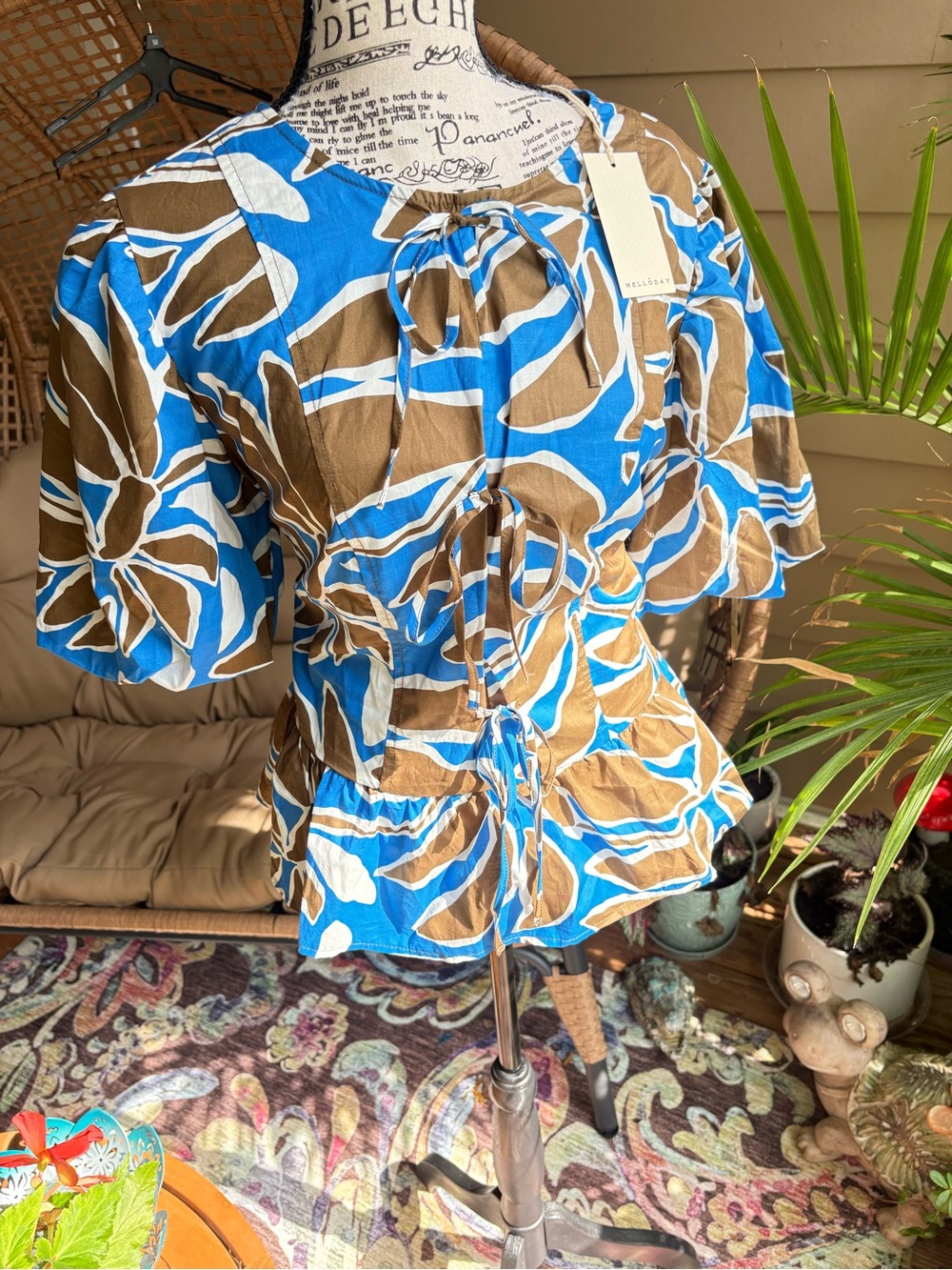 MELLODAY Blue & Brown Floral Tie-Front Blouse